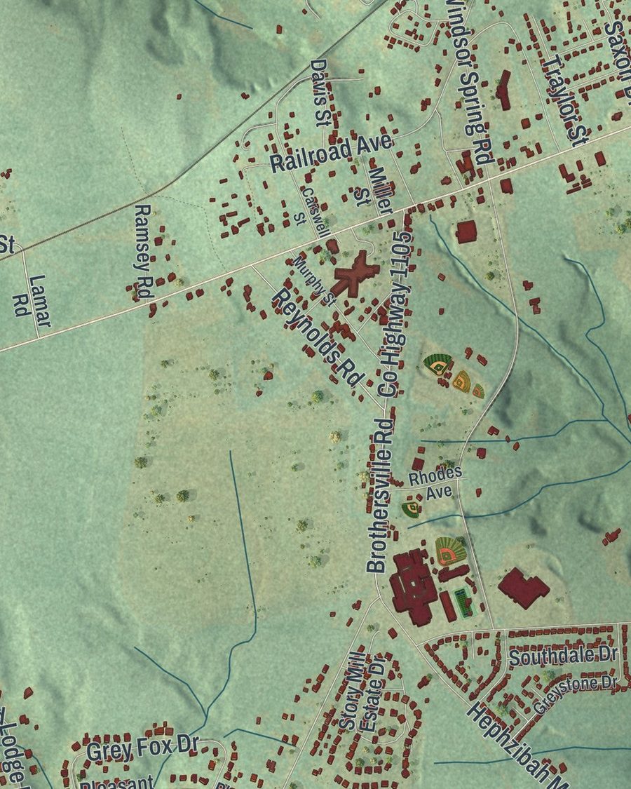 Close-up of Hephzibah streets on the map