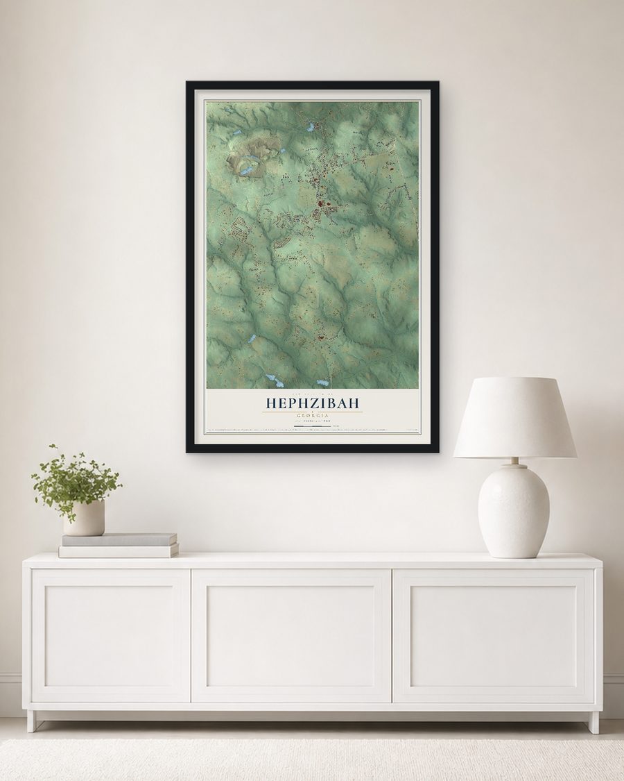 The Hephzibah, Georgia map, 24 x 36 in, in a black wood frame on a living room wall