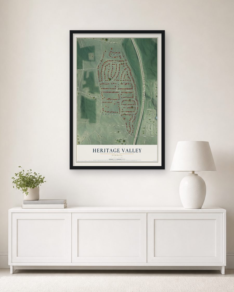 The Heritage Valley, Georgia map, 24 x 36 in, in a black wood frame on a living room wall