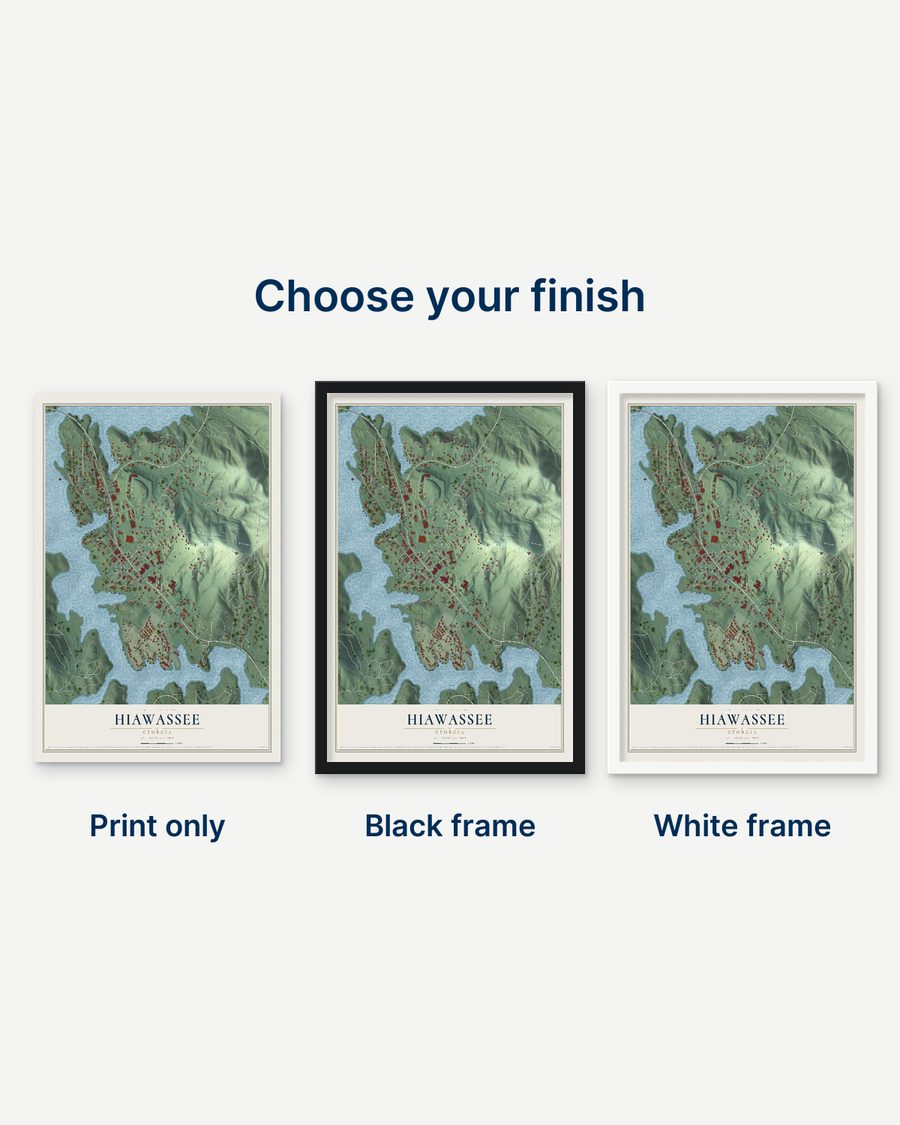 The Hiawassee, Georgia map as a print only, in a black frame and in a white frame