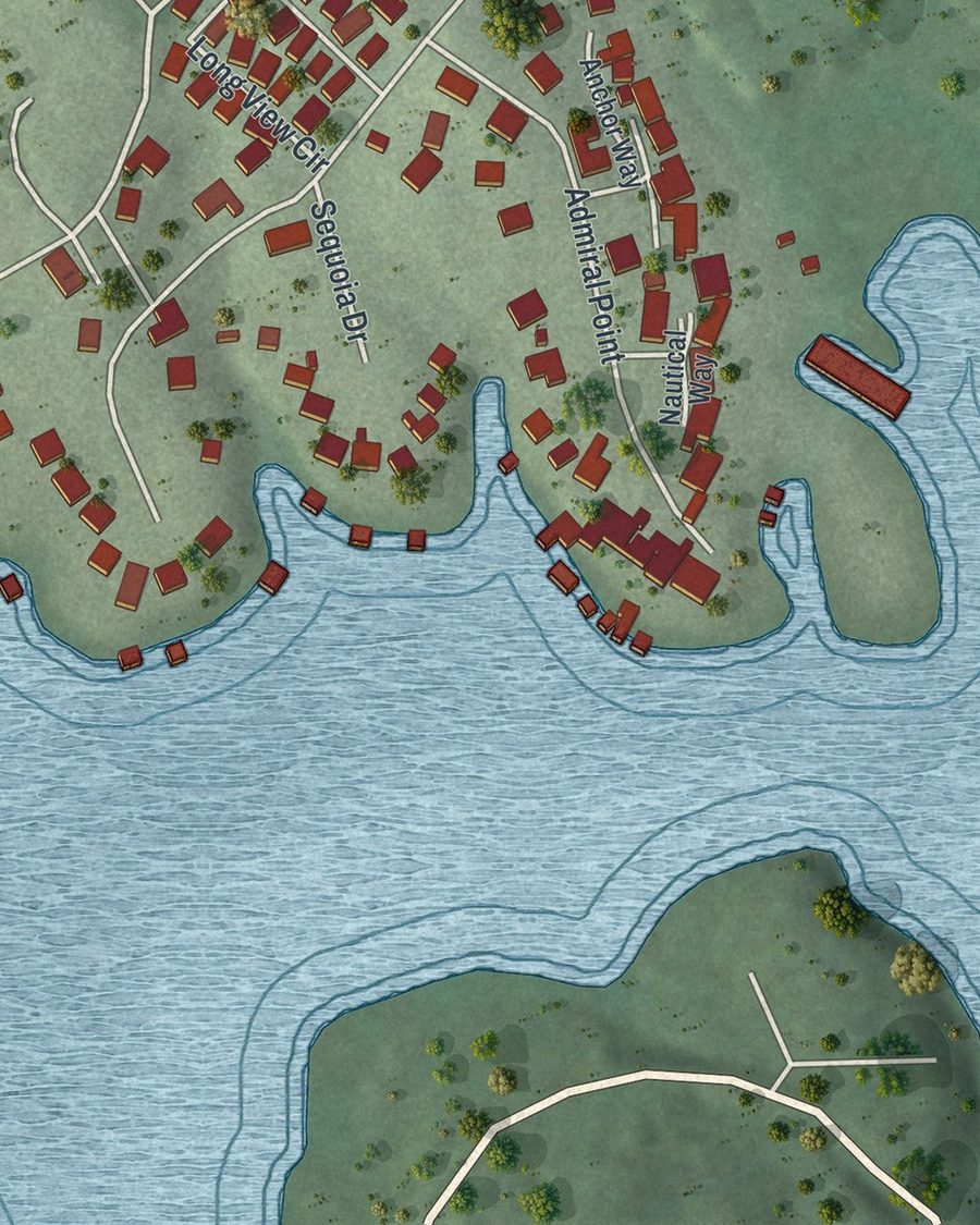 Close-up of Hiawassee streets on the map