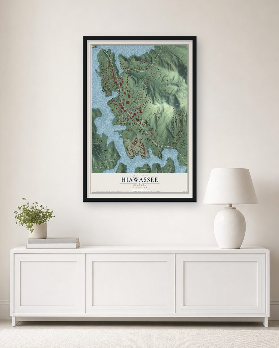 The Hiawassee, Georgia map, 24 x 36 in, in a black wood frame on a living room wall