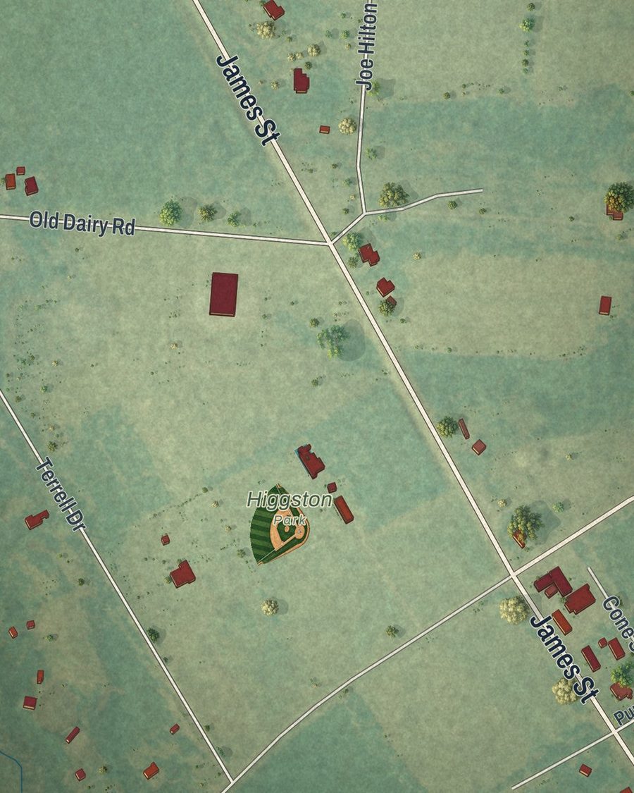 Close-up of Higgston streets on the map