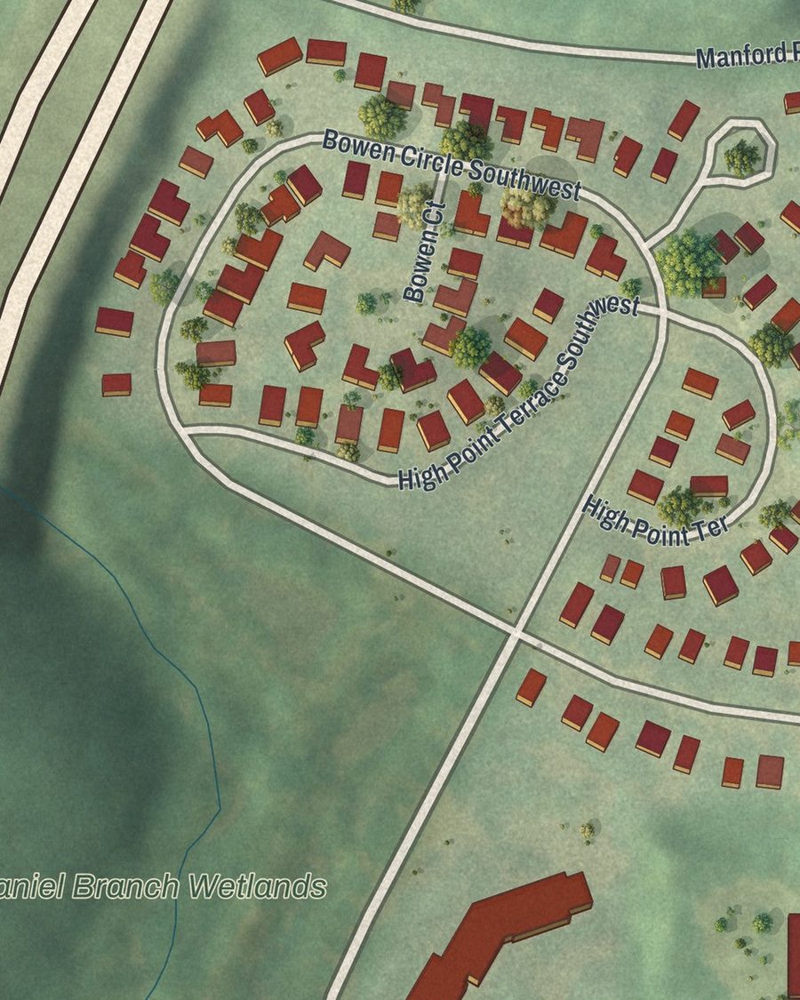 Close-up of High Point streets on the map