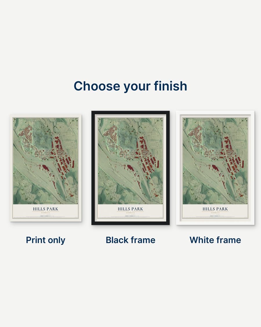 The Hills Park, Georgia map as a print only, in a black frame and in a white frame
