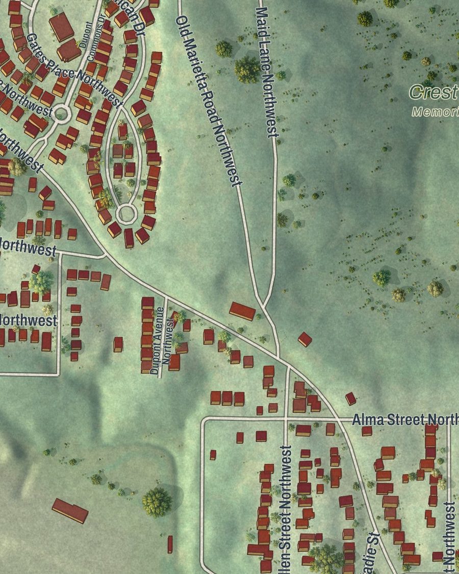Close-up of Hills Park streets on the map