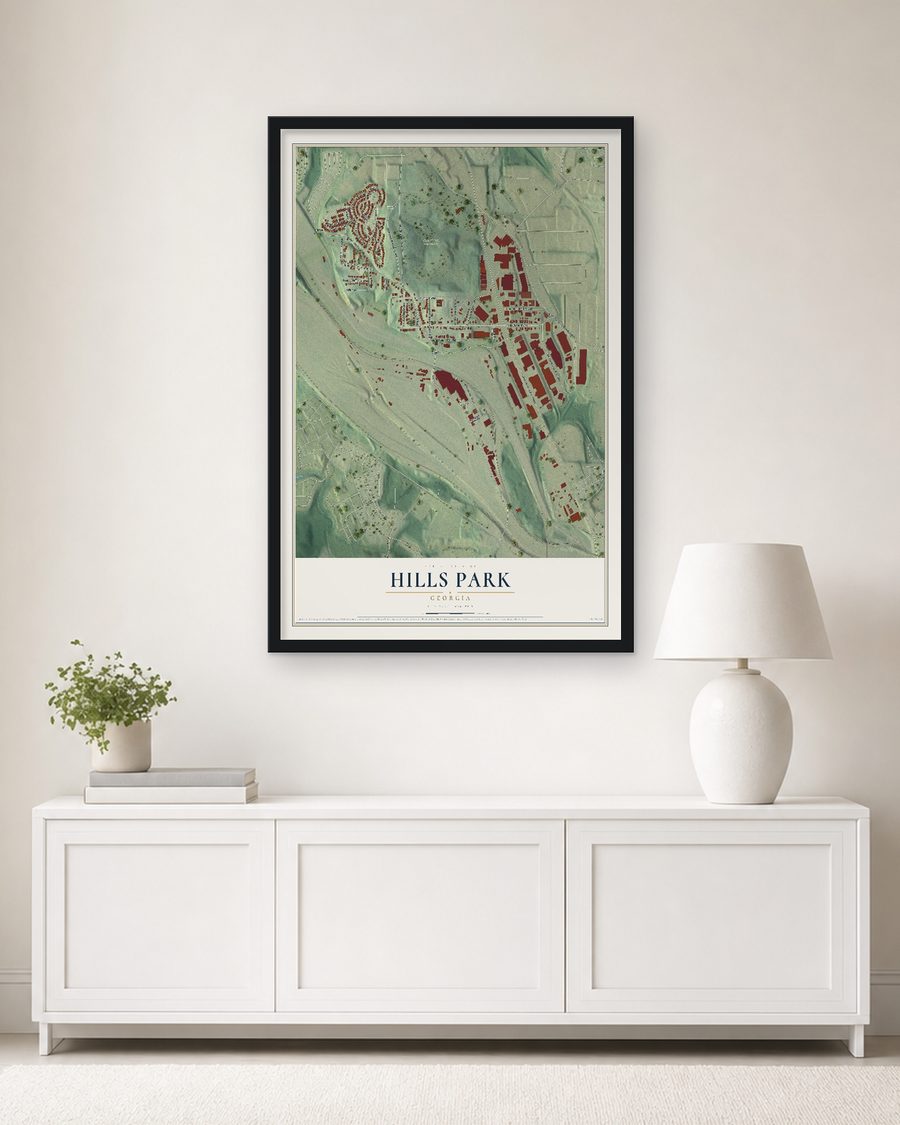 The Hills Park, Georgia map, 24 x 36 in, in a black wood frame on a living room wall