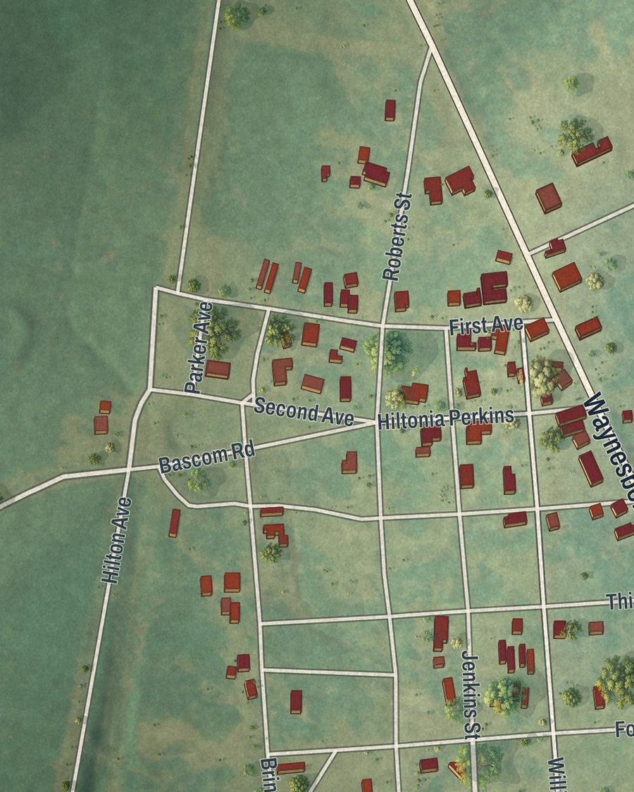 Close-up of Hiltonia streets on the map