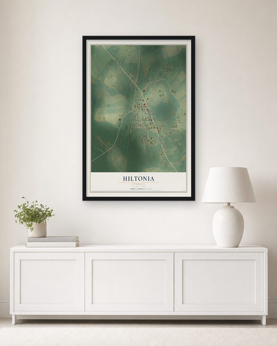 The Hiltonia, Georgia map, 24 x 36 in, in a black wood frame on a living room wall