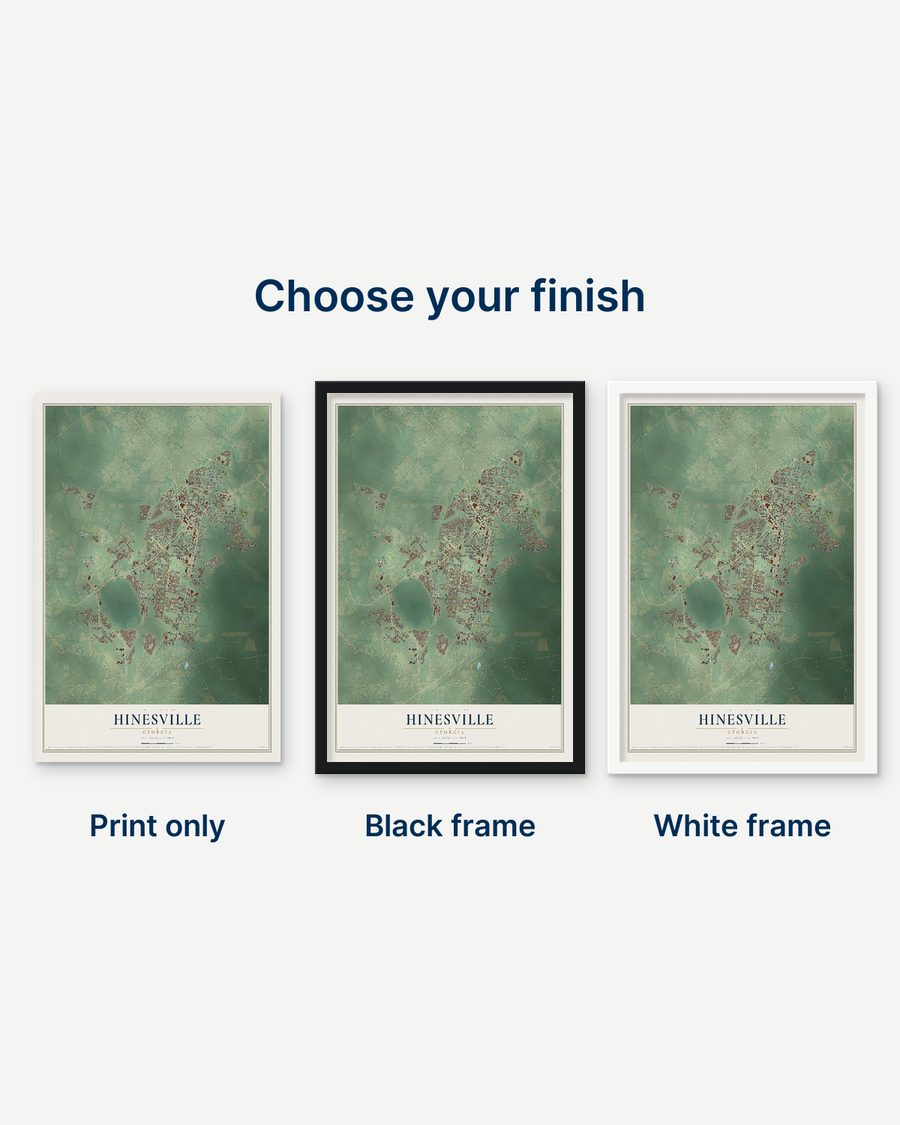 The Hinesville, Georgia map as a print only, in a black frame and in a white frame