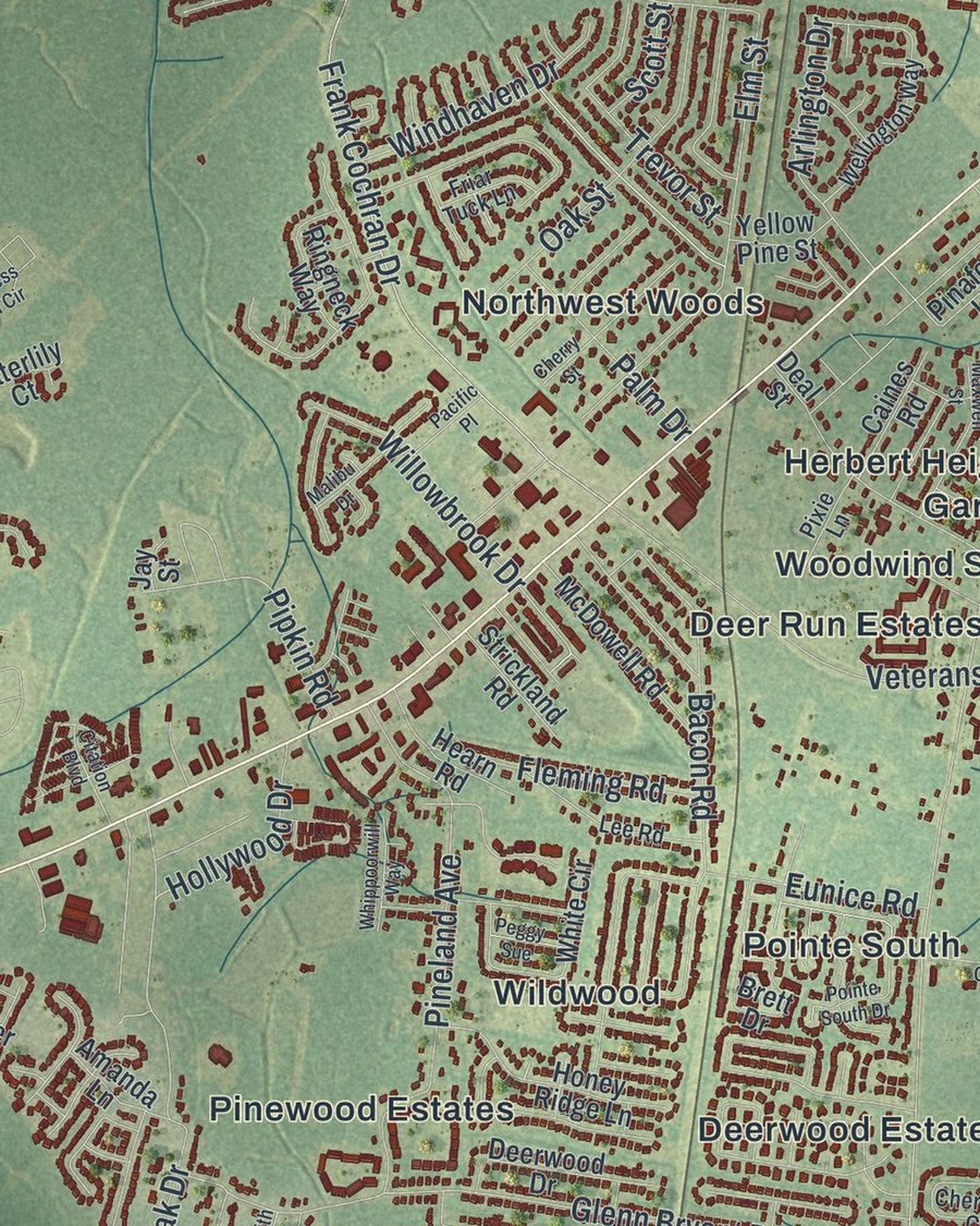 Close-up of Hinesville streets on the map