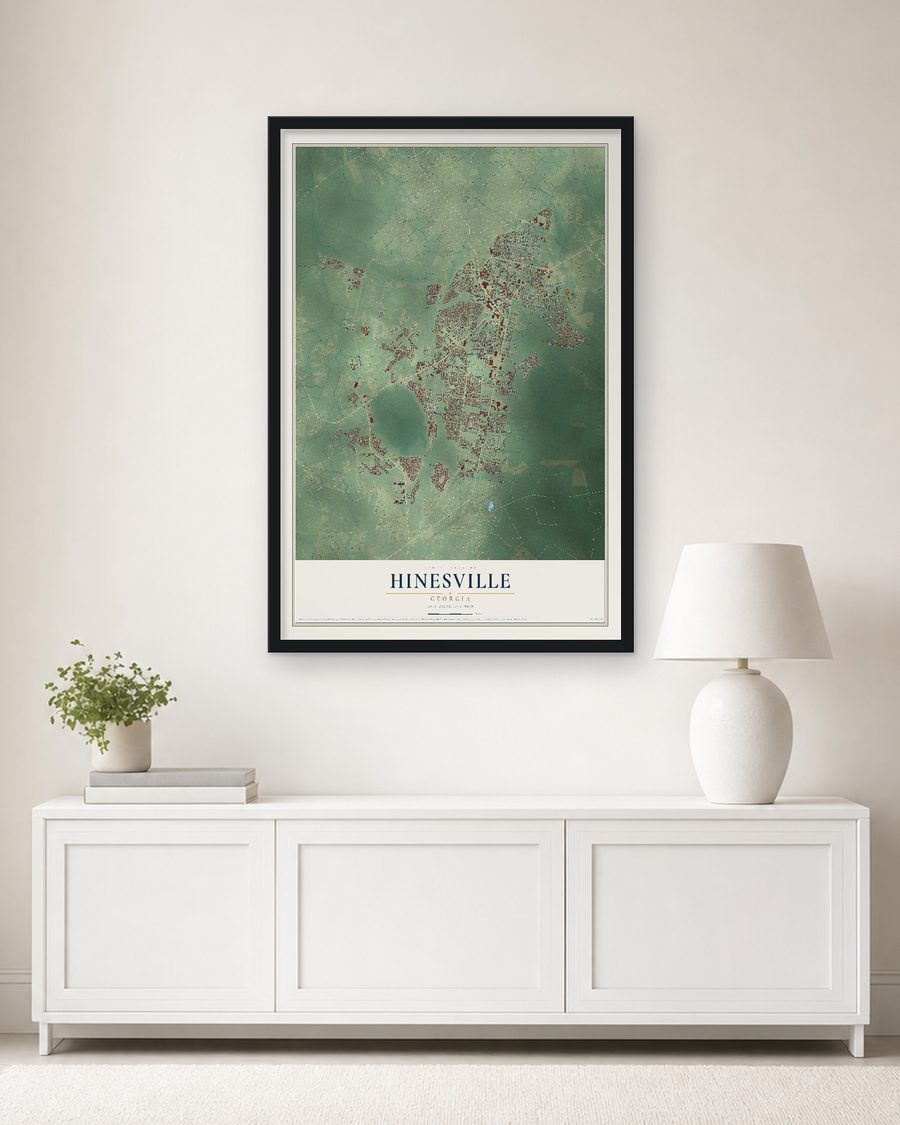 The Hinesville, Georgia map, 24 x 36 in, in a black wood frame on a living room wall