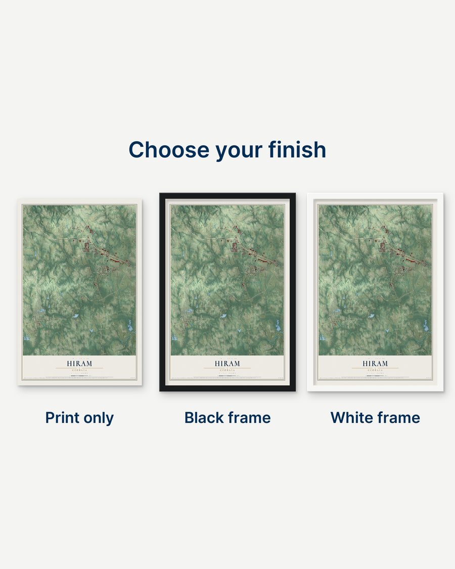 The Hiram, Georgia map as a print only, in a black frame and in a white frame