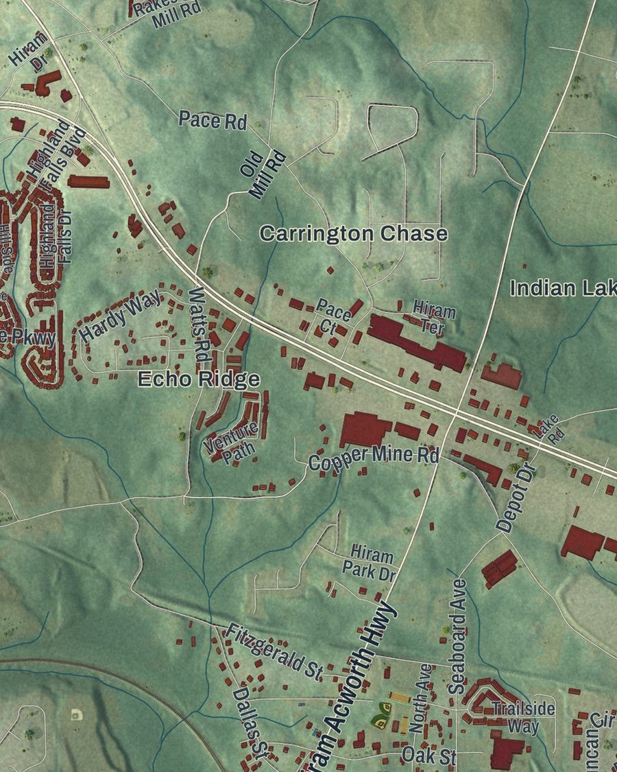 Close-up of Hiram streets on the map