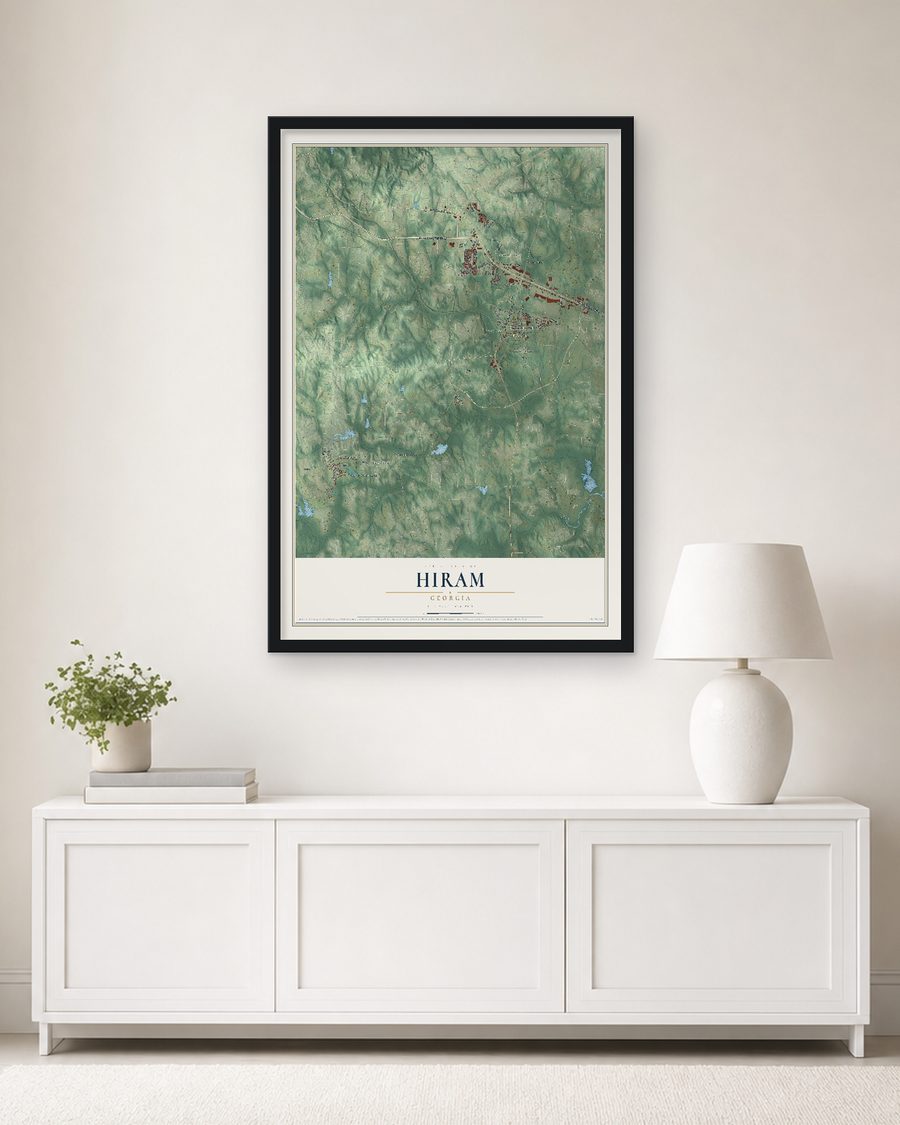 The Hiram, Georgia map, 24 x 36 in, in a black wood frame on a living room wall