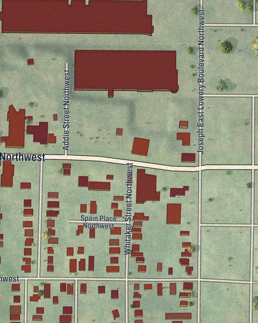 Close-up of Historic Westin Heights-Bankhead streets on the map