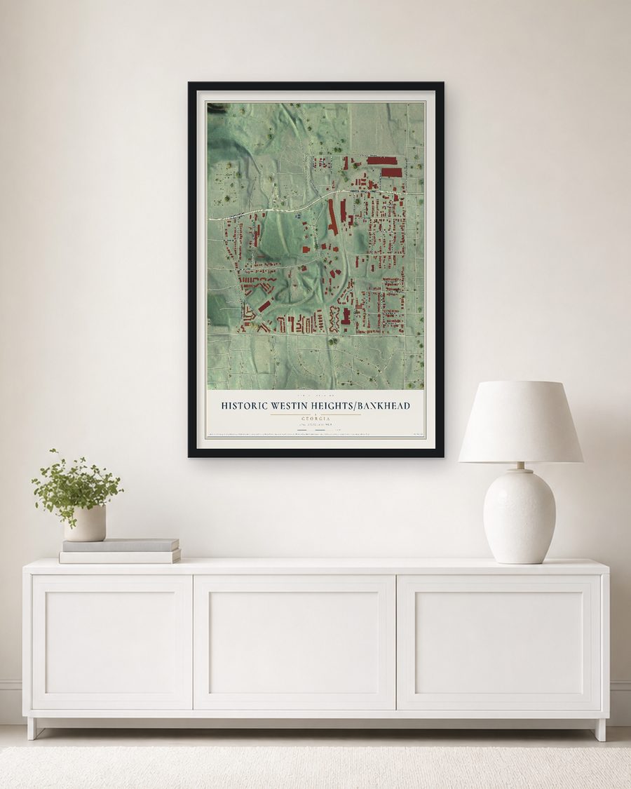 The Historic Westin Heights-Bankhead, Georgia map, 24 x 36 in, in a black wood frame on a living room wall