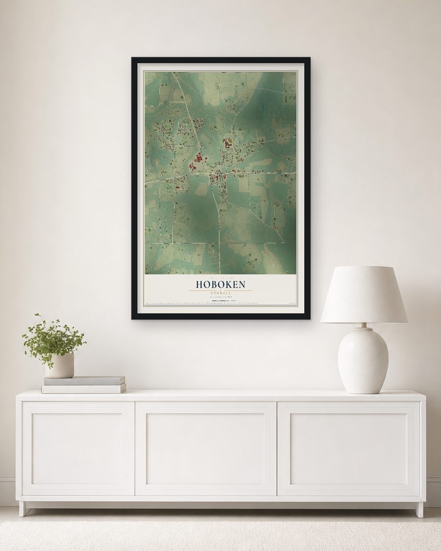The Hoboken, Georgia map, 24 x 36 in, in a black wood frame on a living room wall