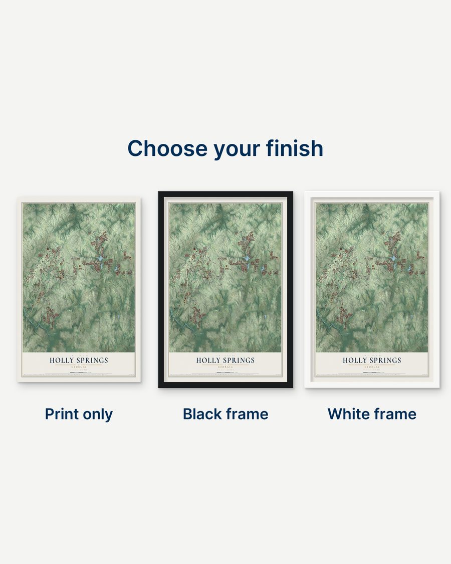 The Holly Springs, Georgia map as a print only, in a black frame and in a white frame