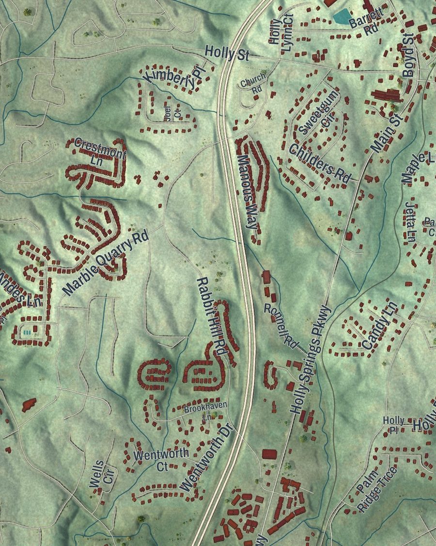 Close-up of Holly Springs streets on the map