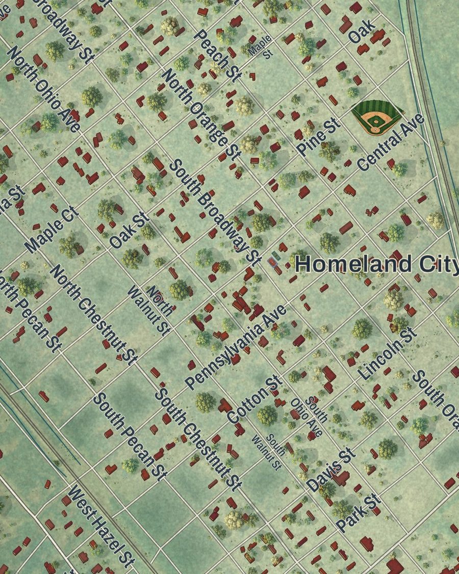 Close-up of Homeland streets on the map