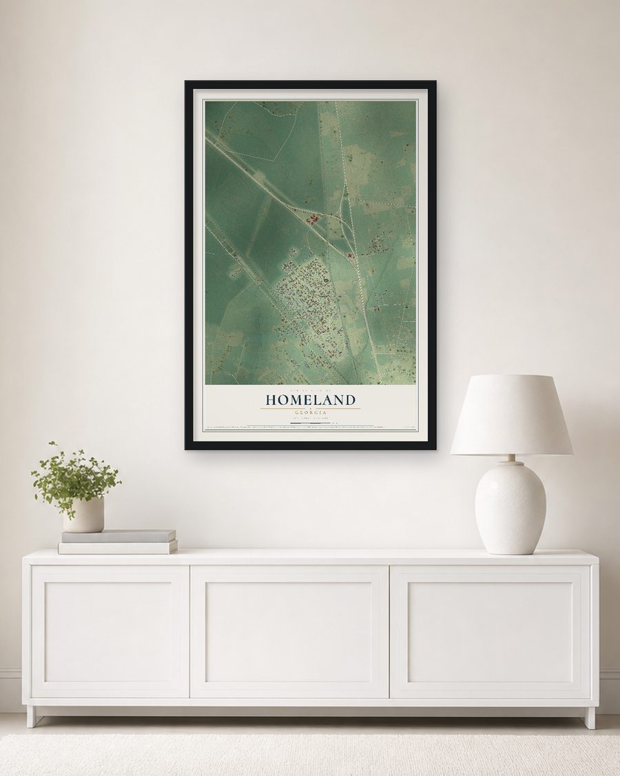 The Homeland, Georgia map, 24 x 36 in, in a black wood frame on a living room wall