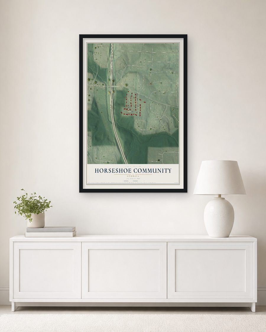 The Horseshoe Community, Georgia map, 24 x 36 in, in a black wood frame on a living room wall