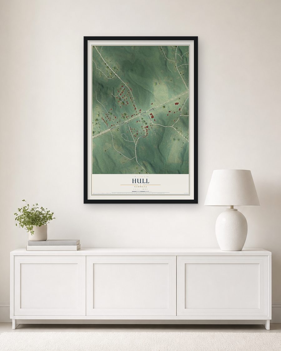 The Hull, Georgia map, 24 x 36 in, in a black wood frame on a living room wall