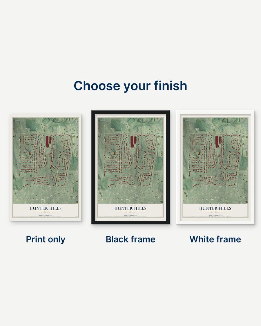 The Hunter Hills, Georgia map as a print only, in a black frame and in a white frame