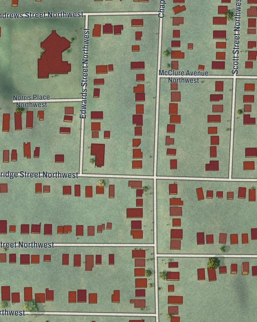 Close-up of Hunter Hills streets on the map