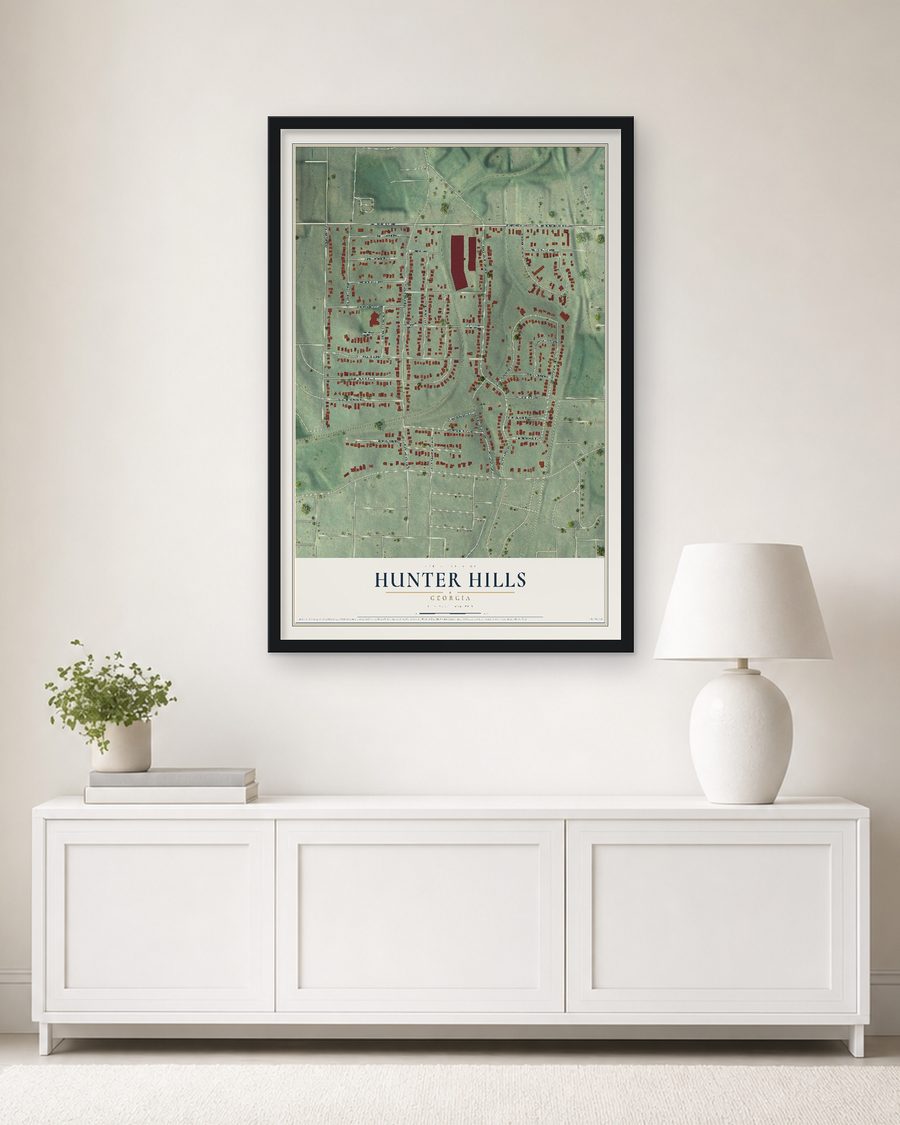 The Hunter Hills, Georgia map, 24 x 36 in, in a black wood frame on a living room wall