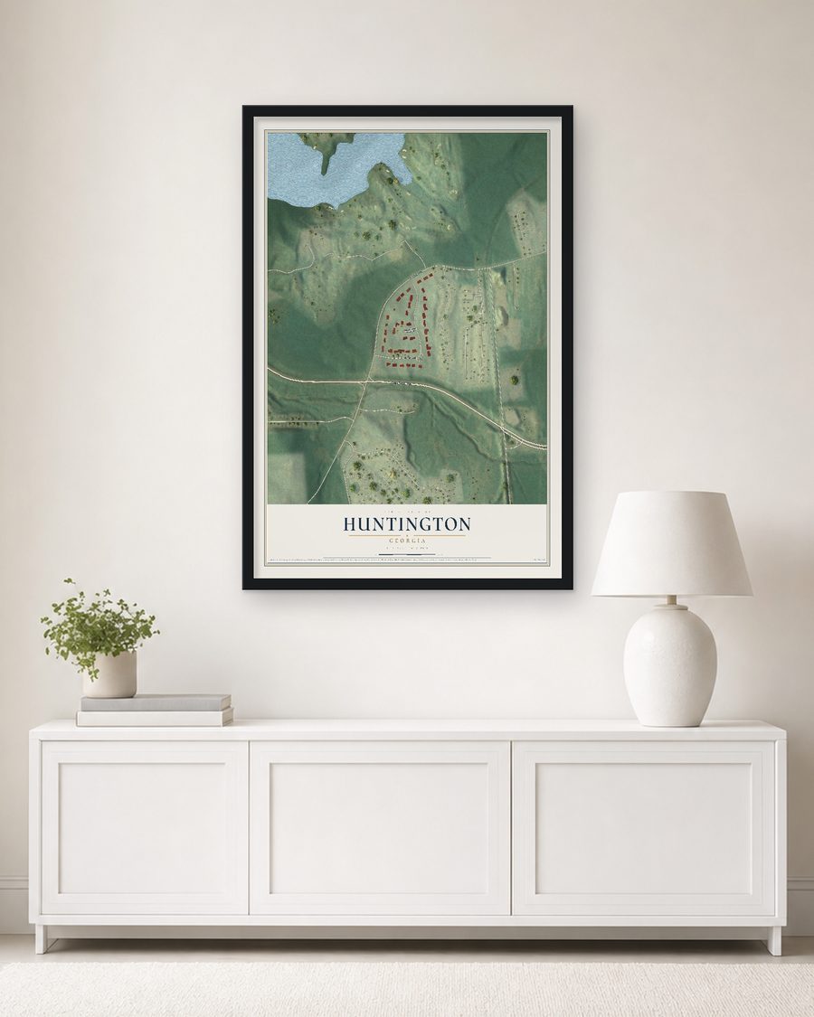 The Huntington, Georgia map, 24 x 36 in, in a black wood frame on a living room wall