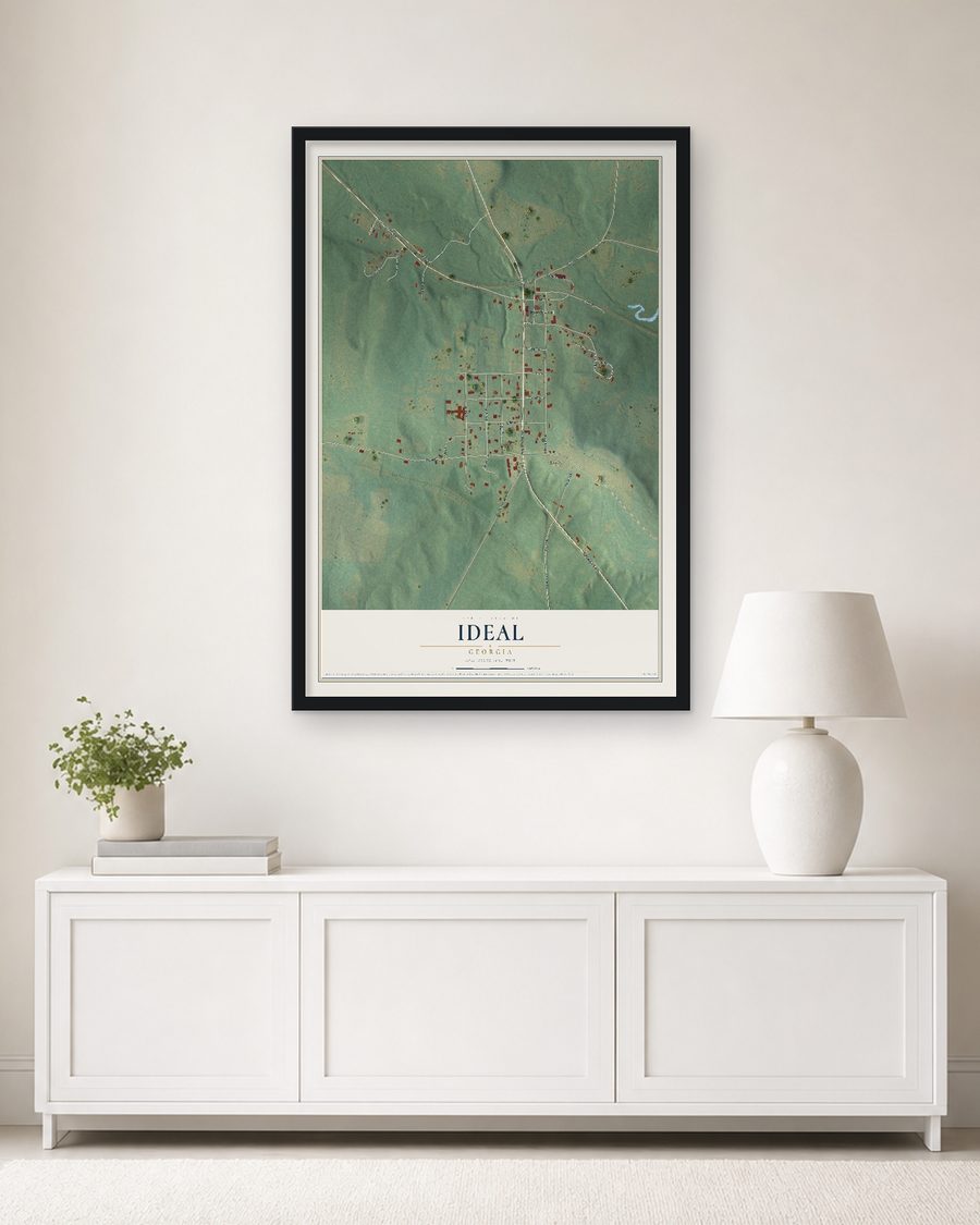 The Ideal, Georgia map, 24 x 36 in, in a black wood frame on a living room wall
