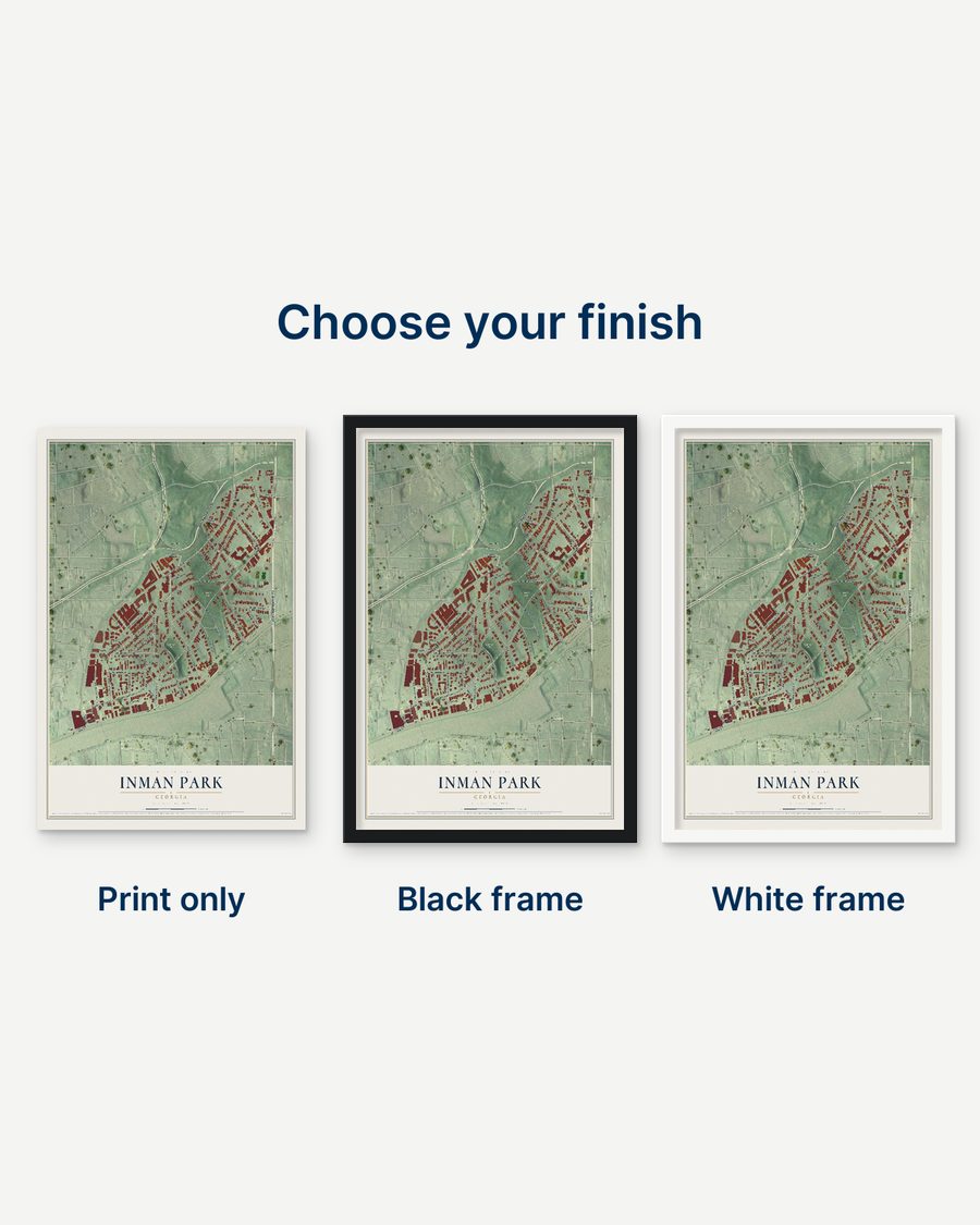The Inman Park, Georgia map as a print only, in a black frame and in a white frame