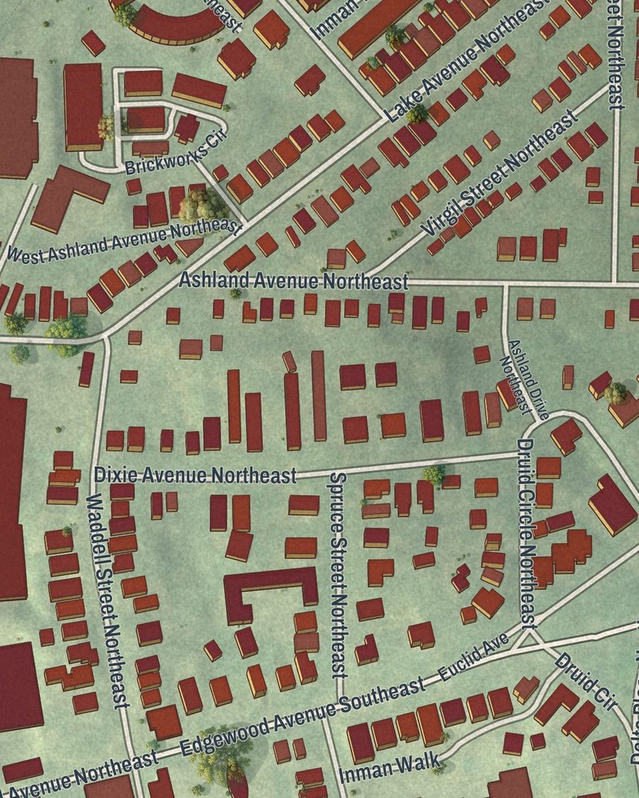 Close-up of Inman Park streets on the map