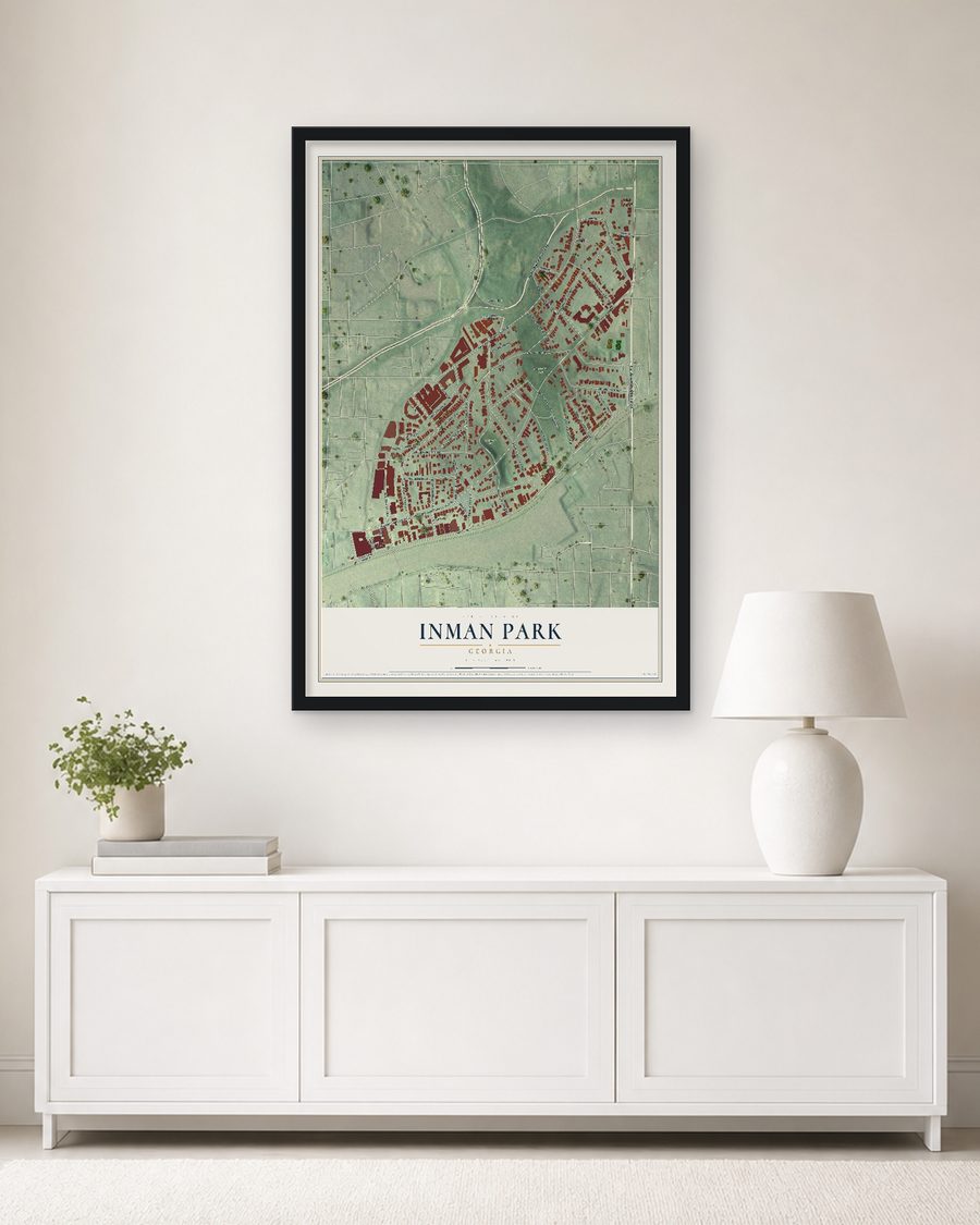 The Inman Park, Georgia map, 24 x 36 in, in a black wood frame on a living room wall