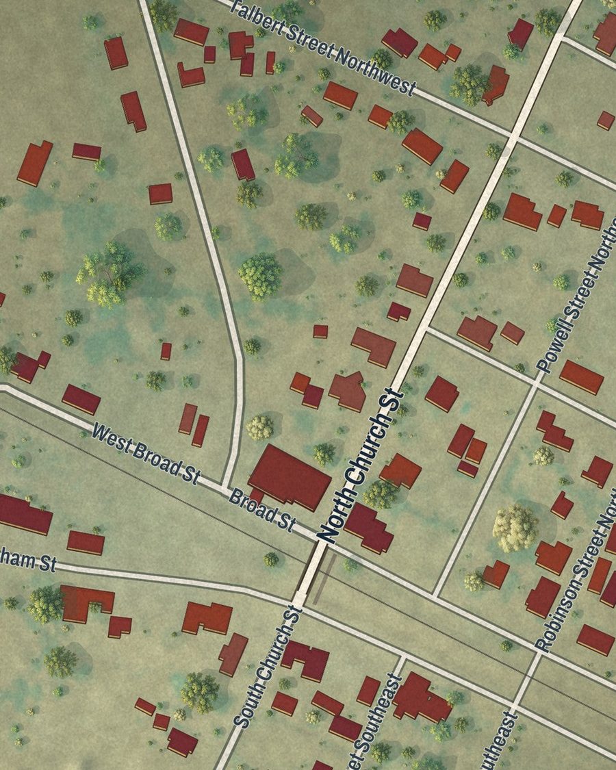 Close-up of Iron City streets on the map