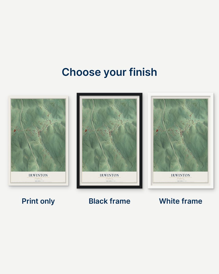 The Irwinton, Georgia map as a print only, in a black frame and in a white frame