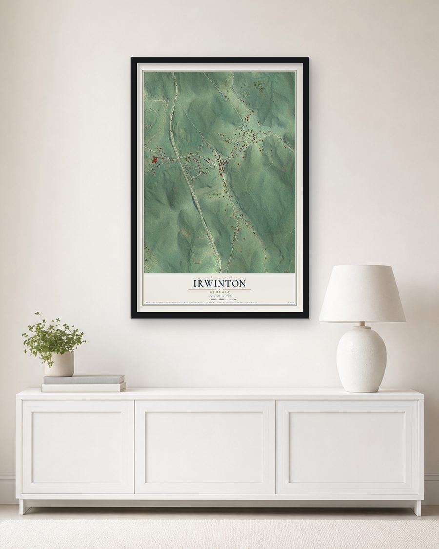The Irwinton, Georgia map, 24 x 36 in, in a black wood frame on a living room wall