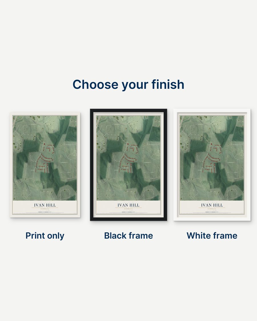 The Ivan Hill, Georgia map as a print only, in a black frame and in a white frame