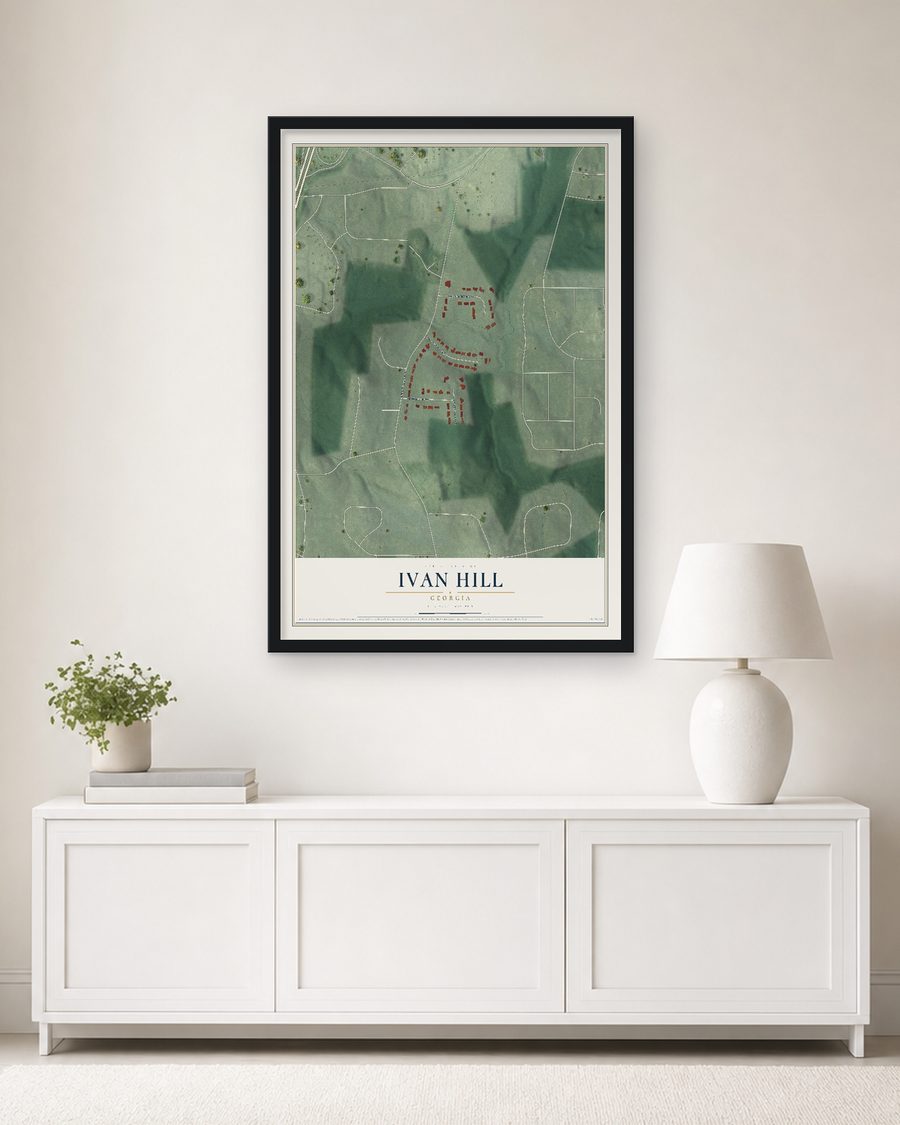 The Ivan Hill, Georgia map, 24 x 36 in, in a black wood frame on a living room wall