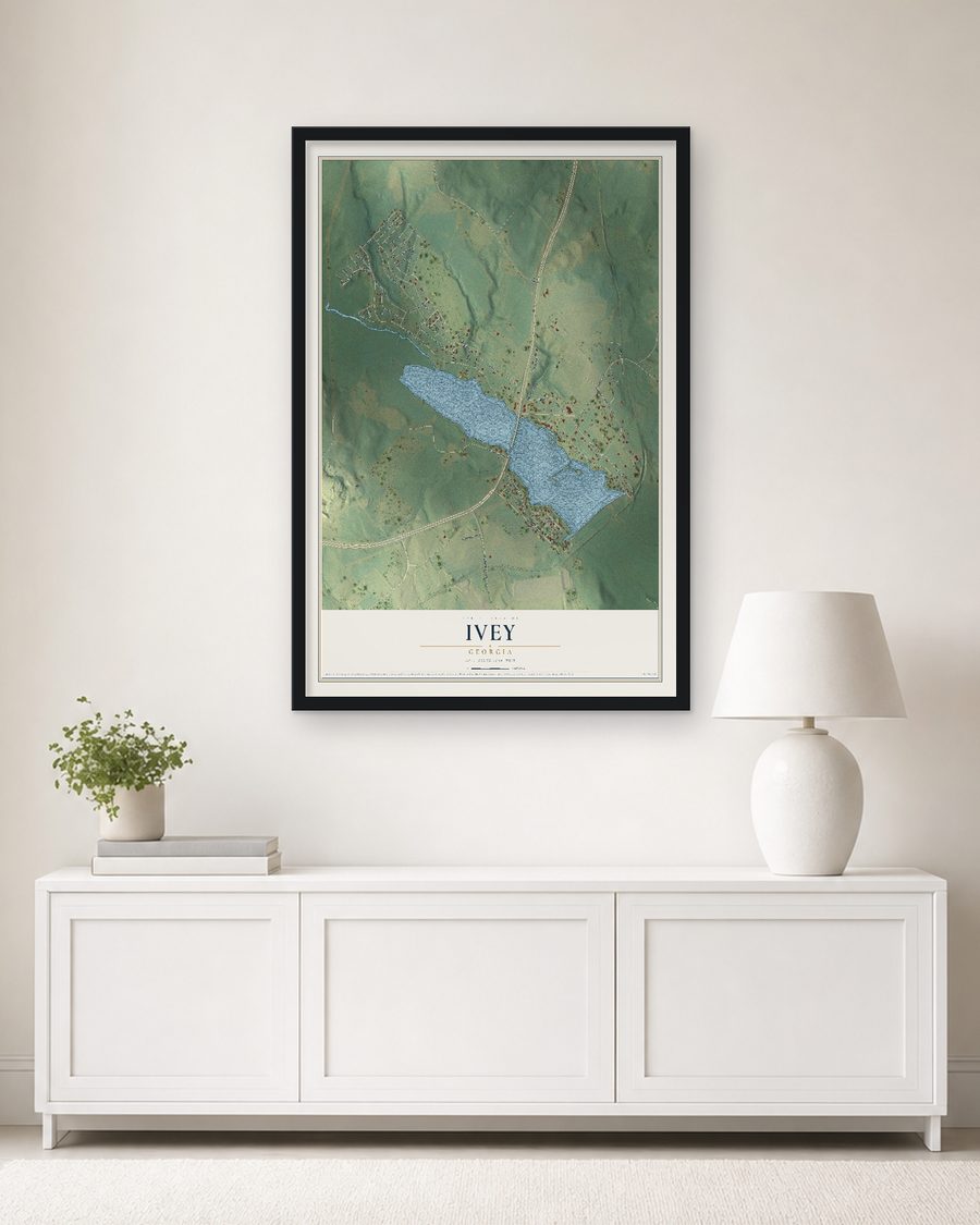 The Ivey, Georgia map, 24 x 36 in, in a black wood frame on a living room wall