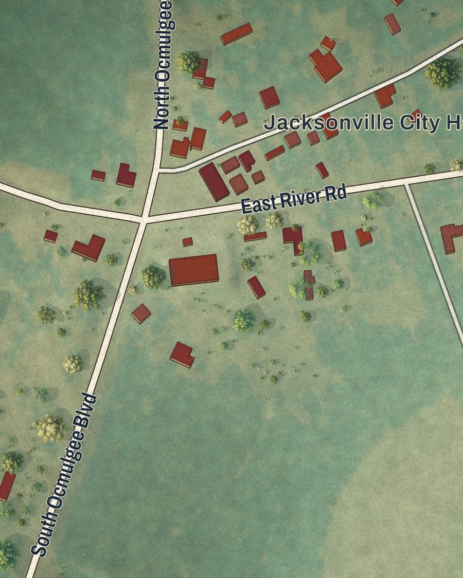 Close-up of Jacksonville streets on the map