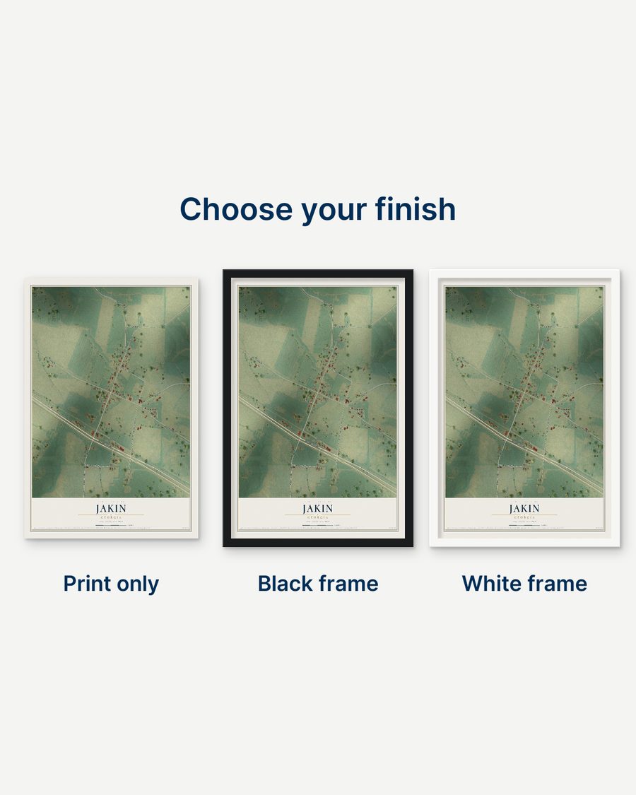 The Jakin, Georgia map as a print only, in a black frame and in a white frame