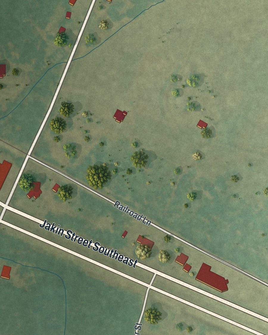 Close-up of Jakin streets on the map