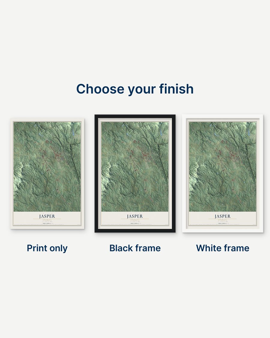 The Jasper, Georgia map as a print only, in a black frame and in a white frame