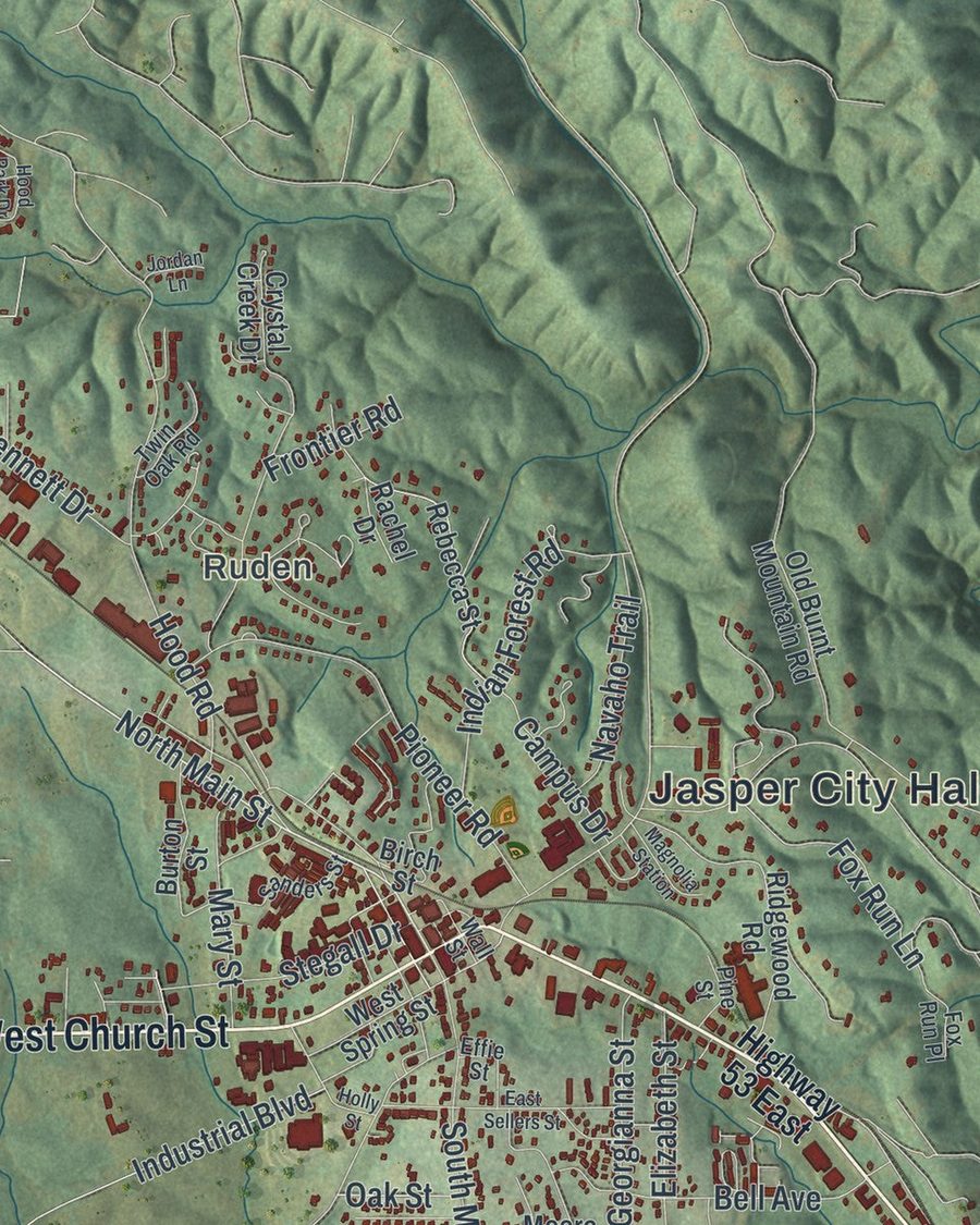 Close-up of Jasper streets on the map