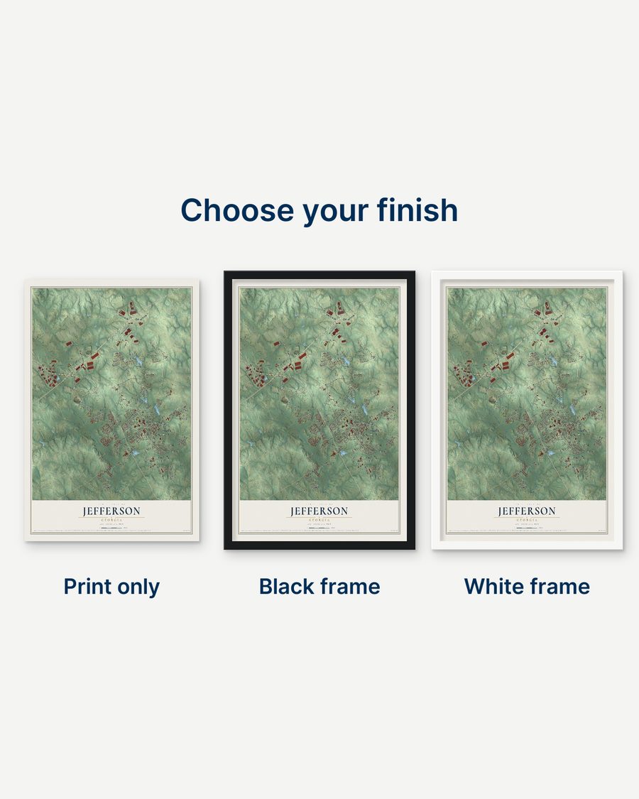 The Jefferson, Georgia map as a print only, in a black frame and in a white frame