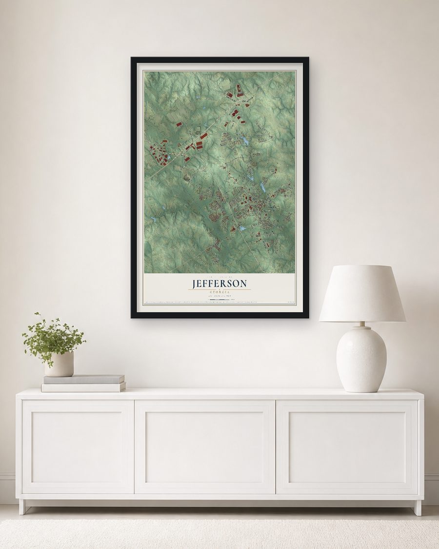 The Jefferson, Georgia map, 24 x 36 in, in a black wood frame on a living room wall