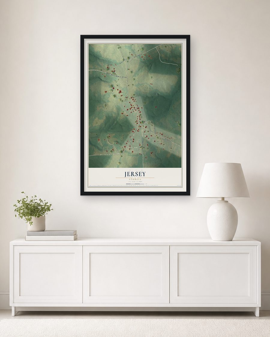 The Jersey, Georgia map, 24 x 36 in, in a black wood frame on a living room wall